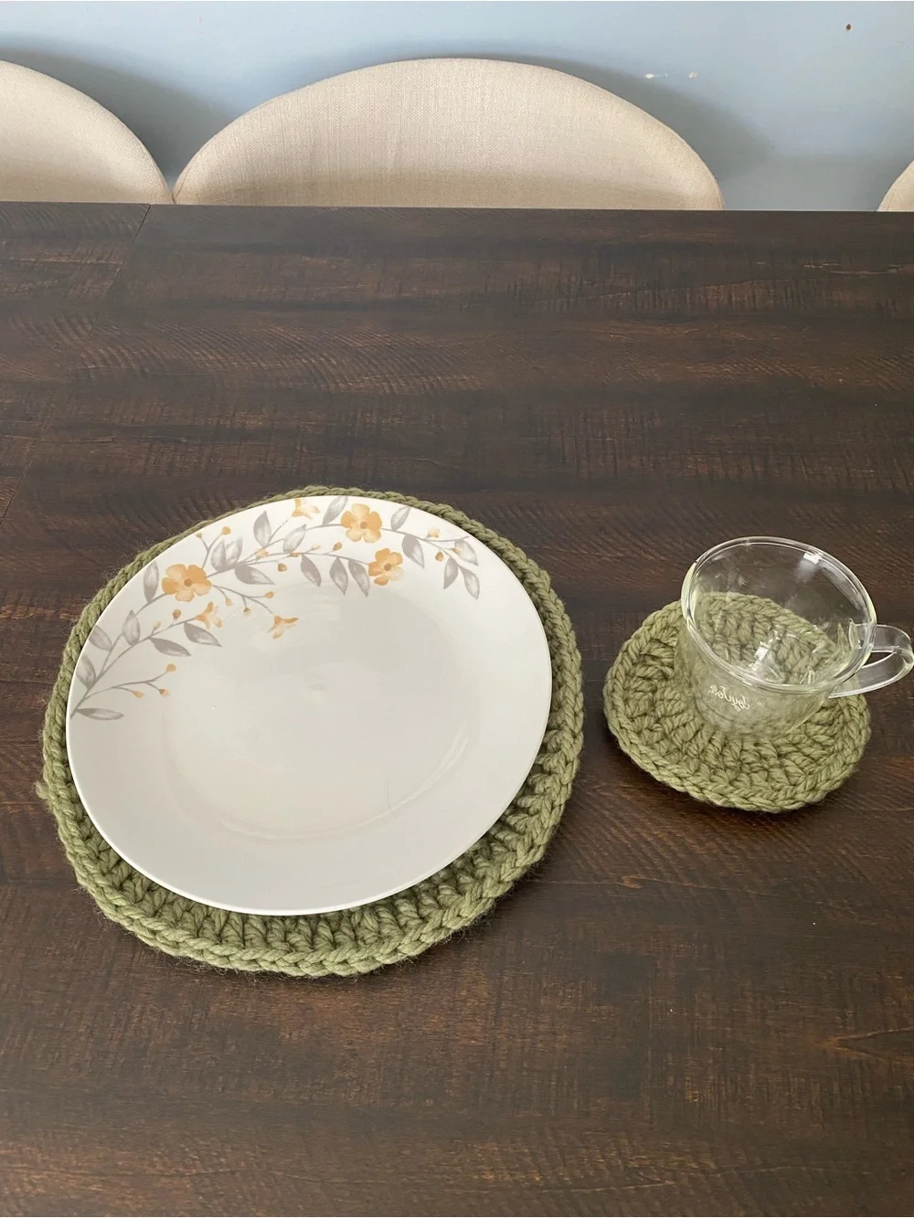 Handmade Olive Green Crochet Placemat Set - Home Dining